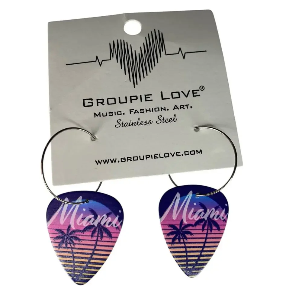 NWT Miami Striped Palm Tree Single Guitar Pick 25mm Hoop Festival Earrings
